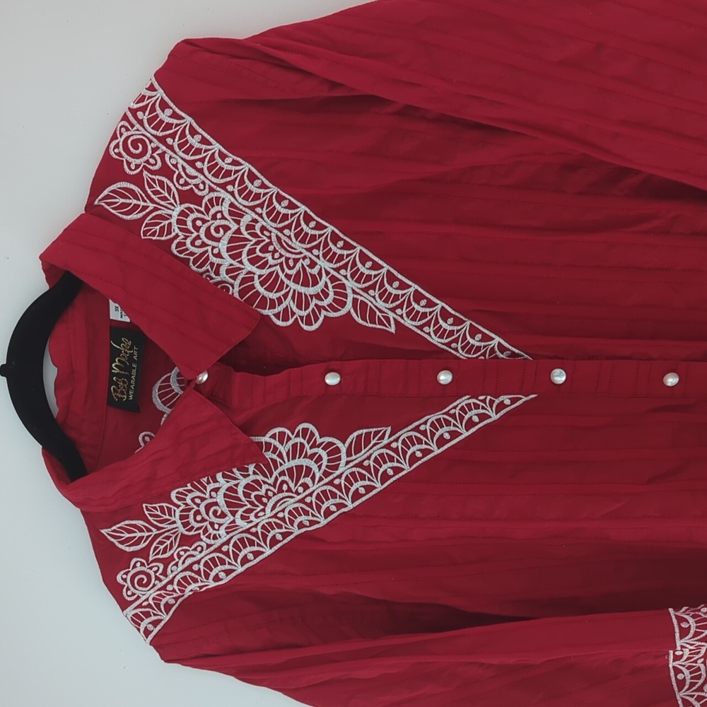 Bob Mackie 100% Cotton Red With White Details Button Down Collared Shirt Size 3X - Picture 2 of 8